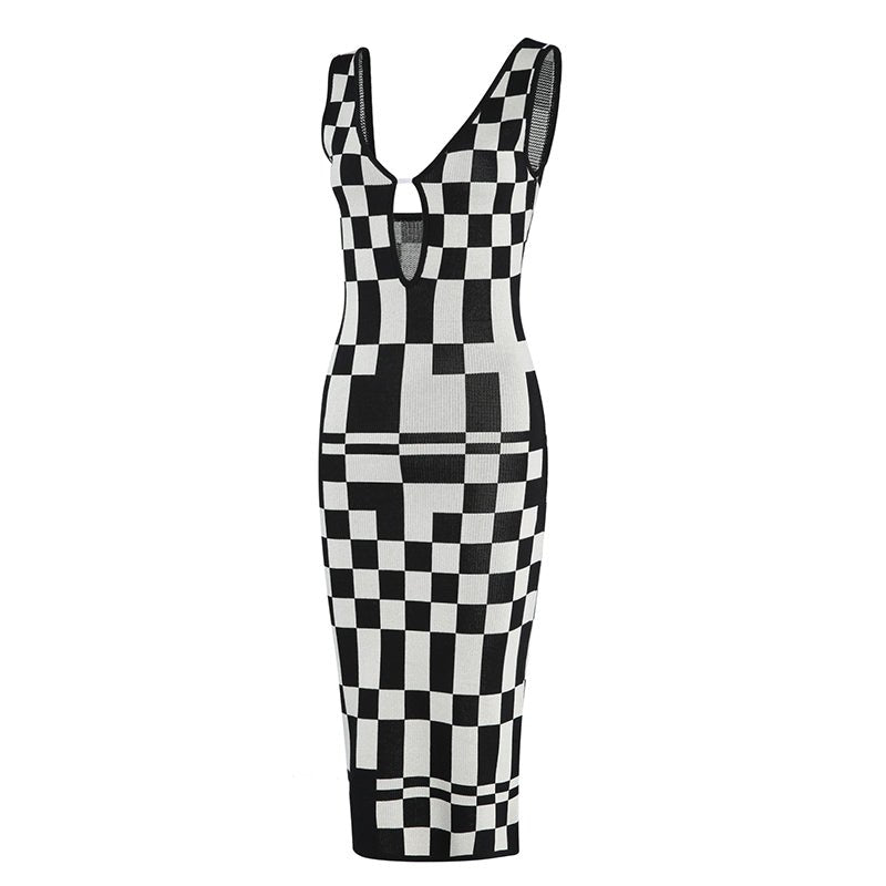 Checkerboard Sleeveless Knit Dress - Kelly Obi New York