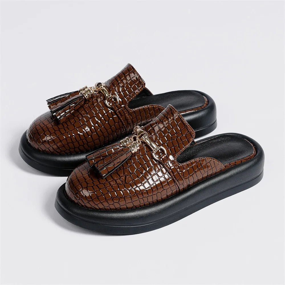 Comfy Textured Tasseled Mules - Kelly Obi New York