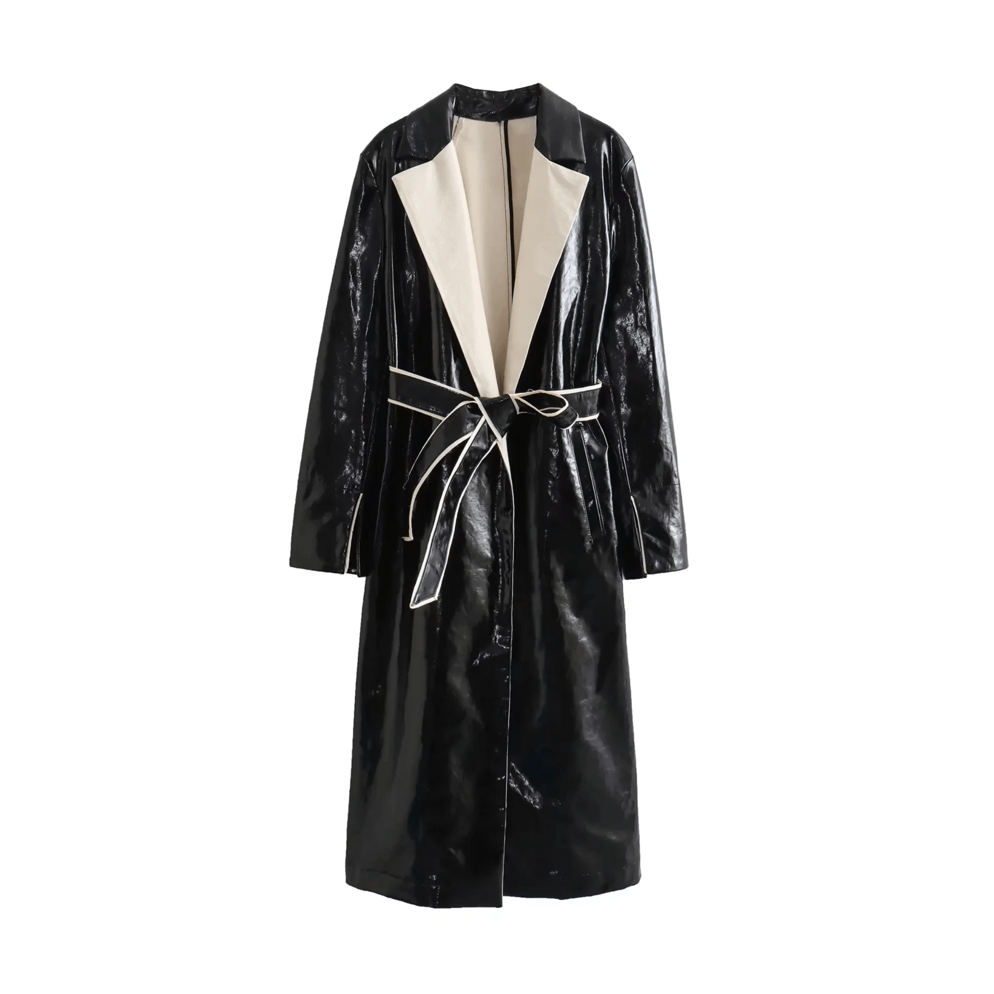 Contrast Lapel Vegan Leather Coat - Kelly Obi New York