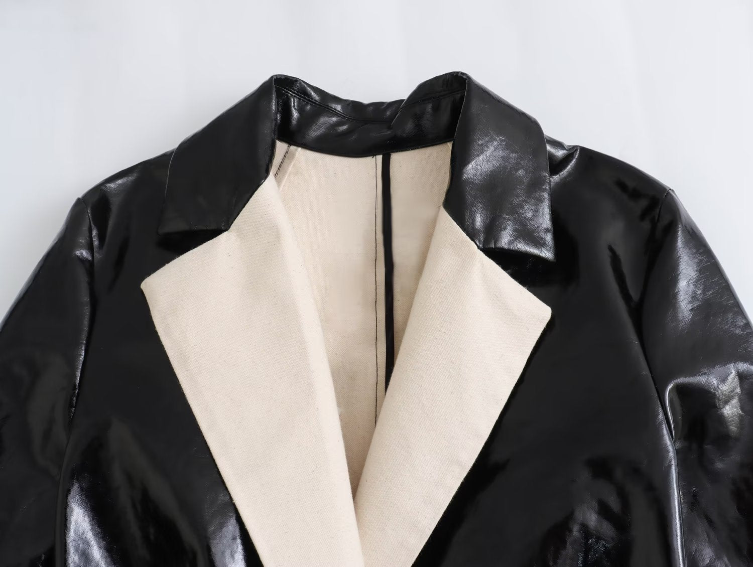 Contrast Lapel Vegan Leather Coat - Kelly Obi New York