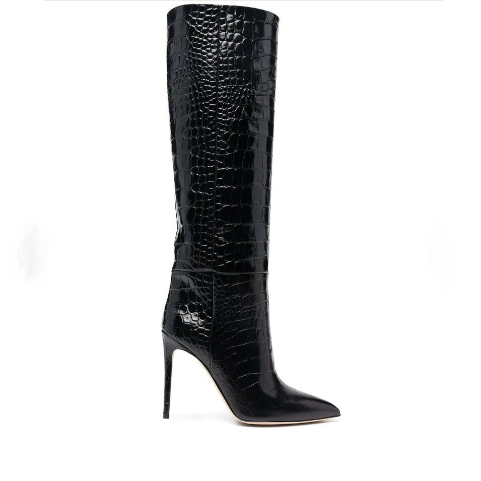 Crocodile Print Slip-on Long Boots - Kelly Obi New York