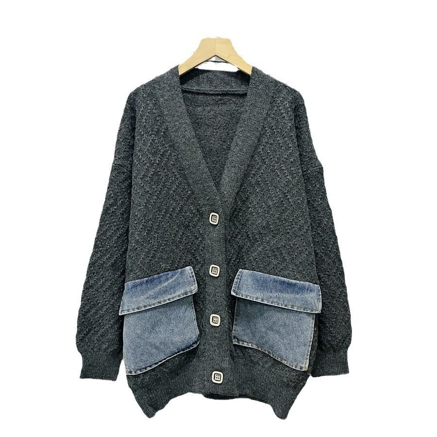 Denim Flap Pocket Spliced Sweater - Kelly Obi New York