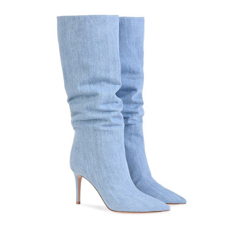 Denim High Heel Pleated Boots - Kelly Obi New York