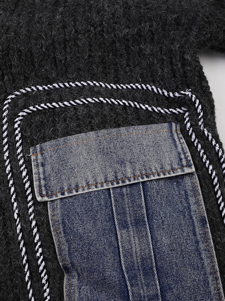 Denim Patch Pockets Knit Sweater - Kelly Obi New York