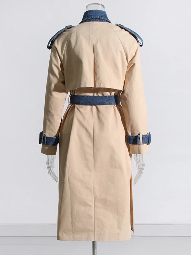 Denim Spliced Epaulet Belted Coat - Kelly Obi New York