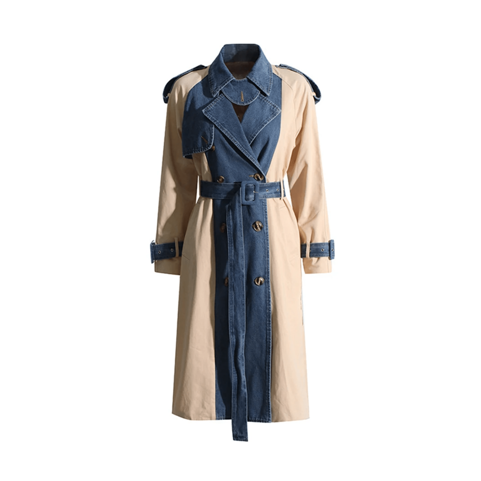 Denim Spliced Epaulet Belted Coat - Kelly Obi New York