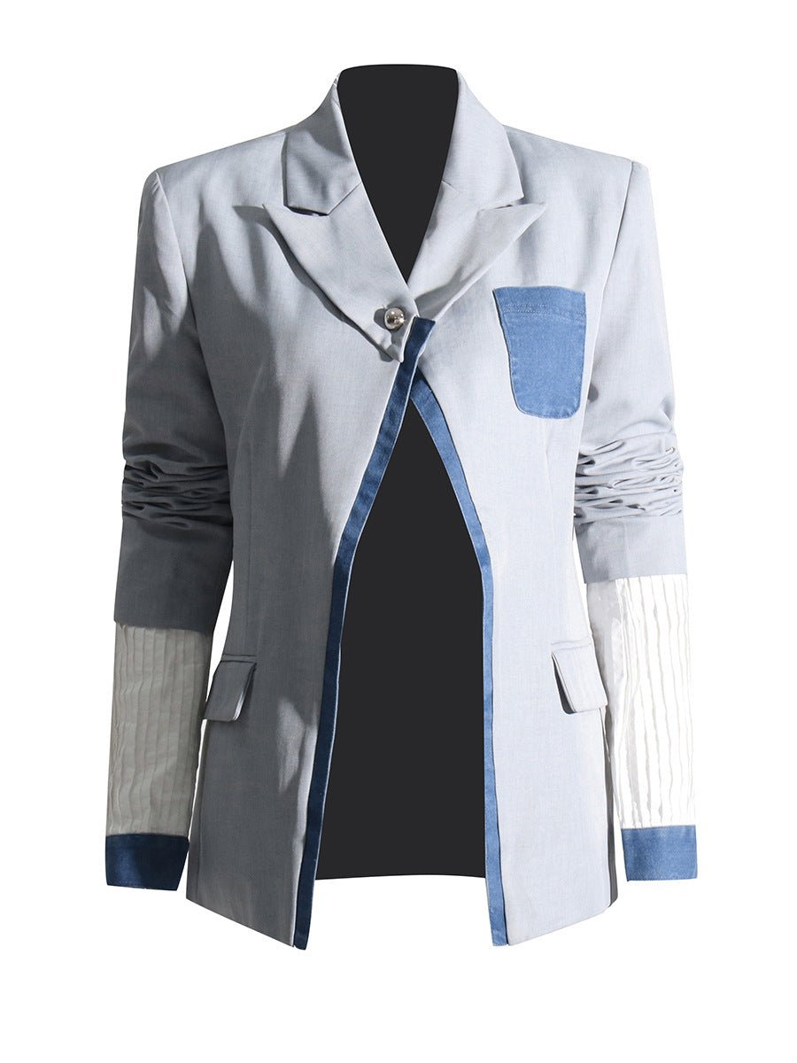 Denim Spliced Single Button Blazer - Kelly Obi New York