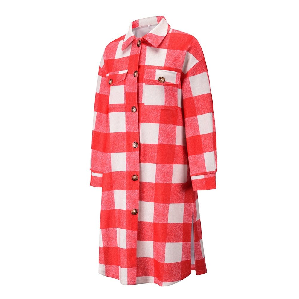 Double Breast Pocket Plaid Long Coat - Kelly Obi New York