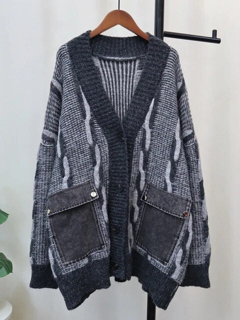 Double Denim Pockets Knit Sweater - Kelly Obi New York