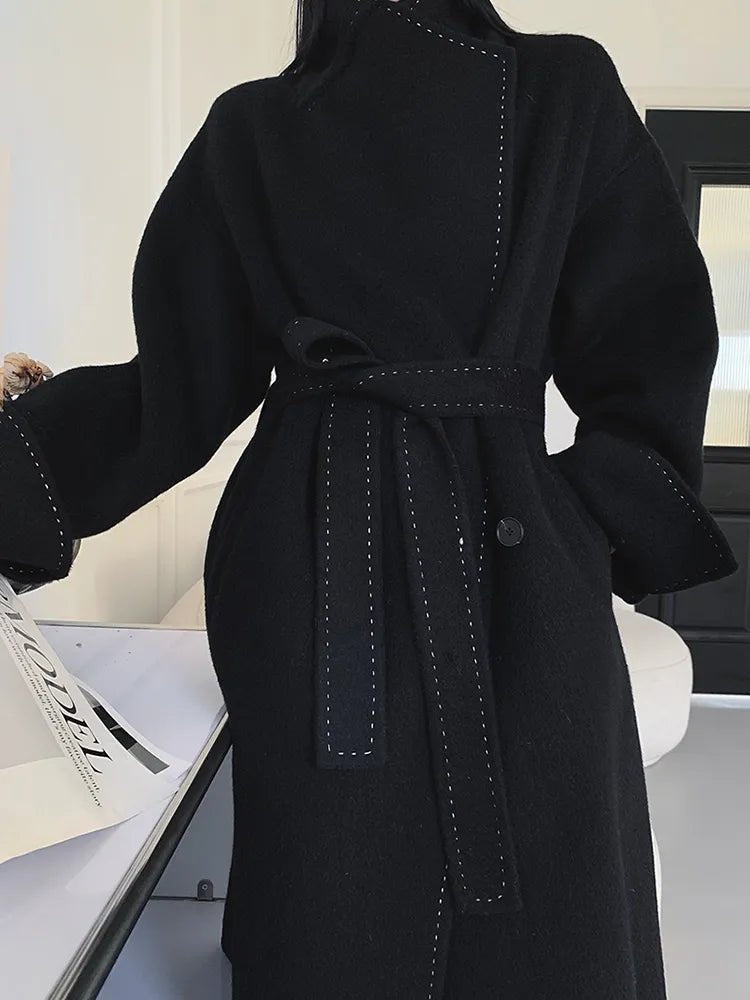 Double-sided Woolen Single Button Belted Coat - Kelly Obi New York