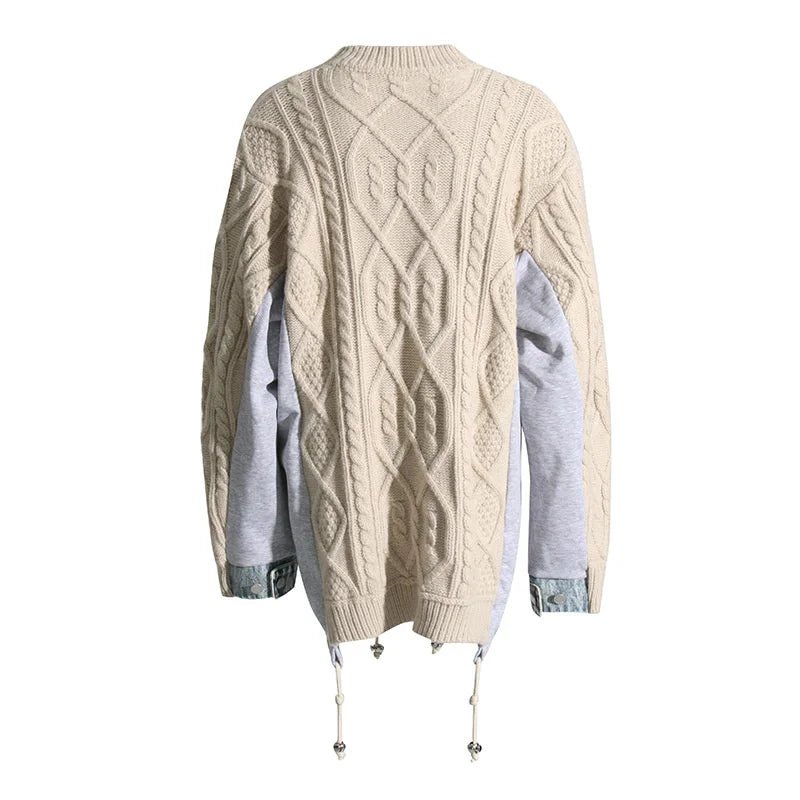 Drawstring Knit Denim Patchwork Sweater - Kelly Obi New York