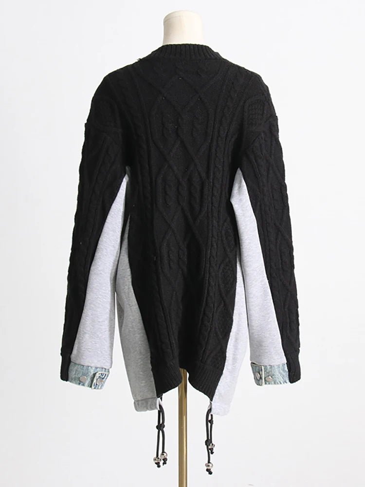 Drawstring Knit Denim Patchwork Sweater - Kelly Obi New York