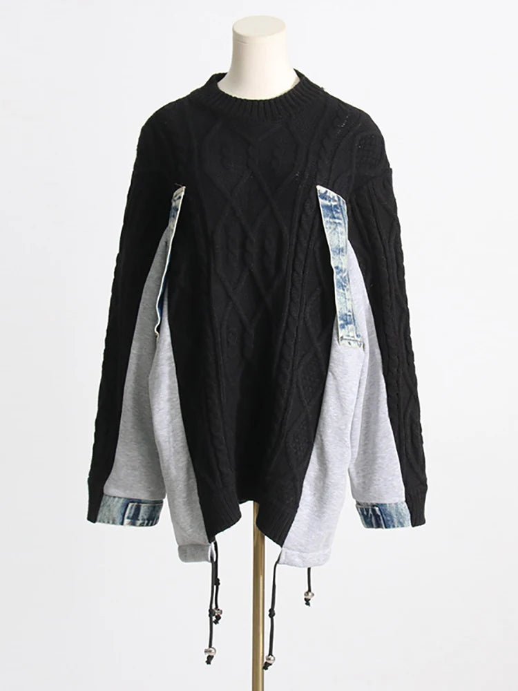 Drawstring Knit Denim Patchwork Sweater - Kelly Obi New York