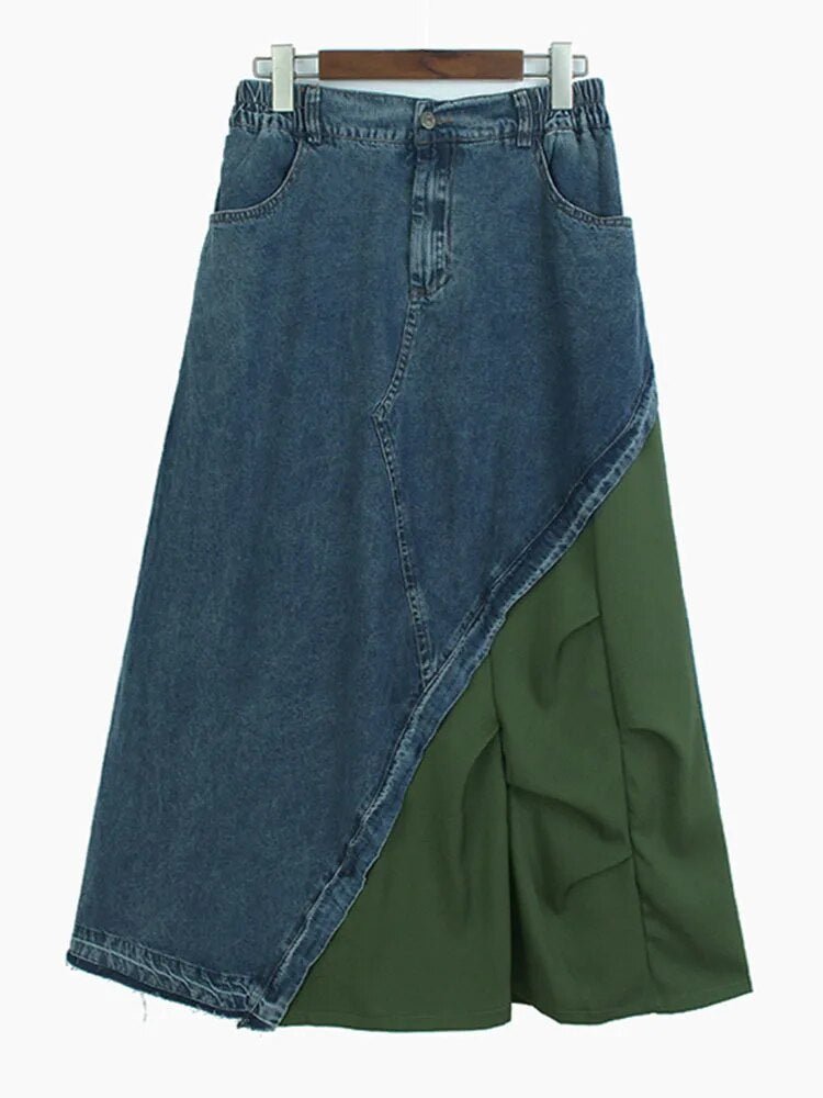 Dual Fabric Spliced Denim Skirt - Kelly Obi New York