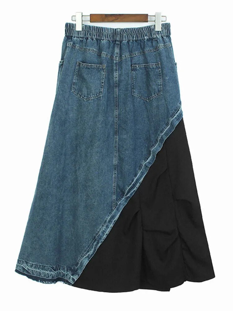 Dual Fabric Spliced Denim Skirt - Kelly Obi New York