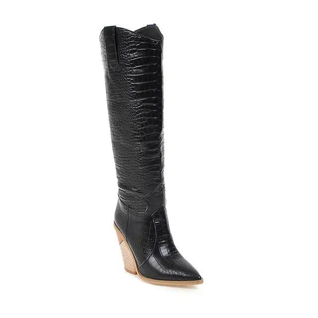 Embossed Fish Scale Stacked Heel Boots - Kelly Obi New York