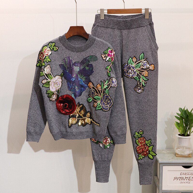 Embroidered Sequins Sweater + Trousers Set - Kelly Obi New York