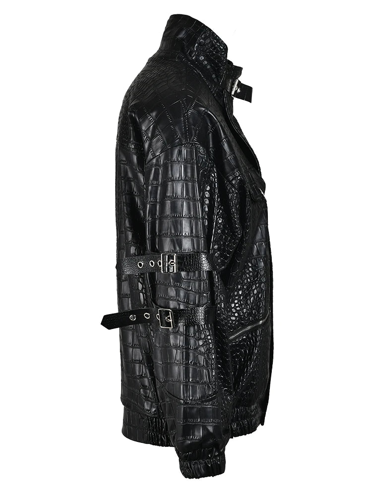 Faux Crocodile Skin Stand Collar Jacket - Kelly Obi New York