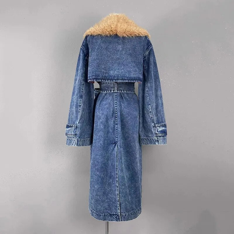 Faux Fur Collar Denim Overcoat - Kelly Obi New York