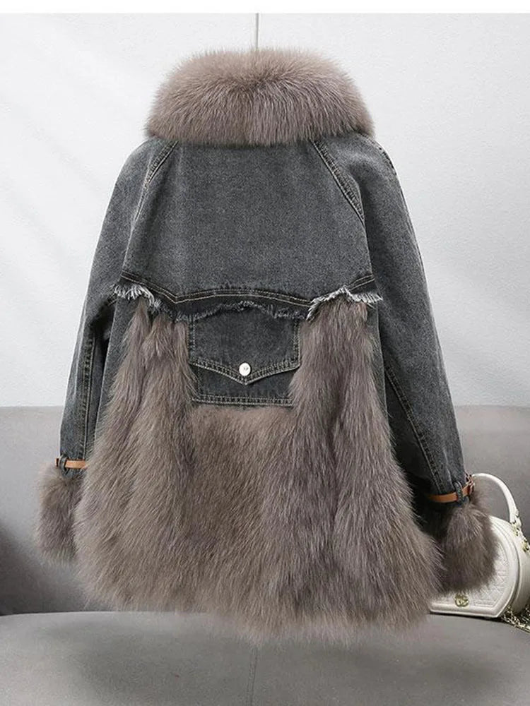 Faux Fur Spliced Denim Coat - Kelly Obi New York