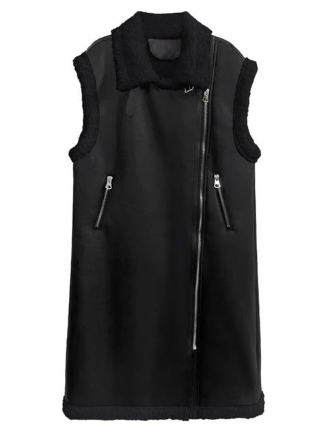 Faux Fur Spliced Faux Leather Long Vest - Kelly Obi New York