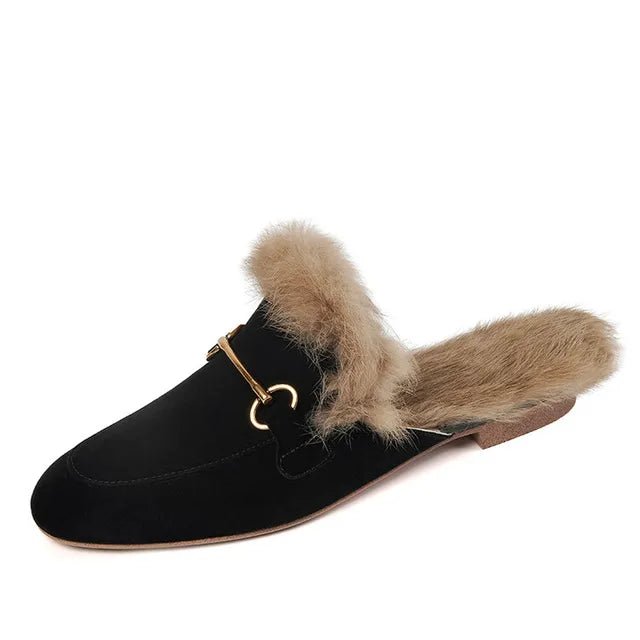 Faux Fur Suede Flat Mules - Kelly Obi New York