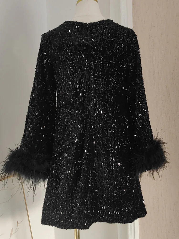 Feathered Cuffs Sequined Dress - Kelly Obi New York
