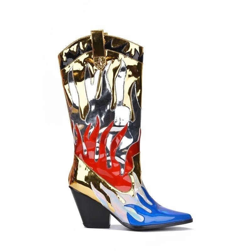 Flame Patchwork Shiny Boots - Kelly Obi New York