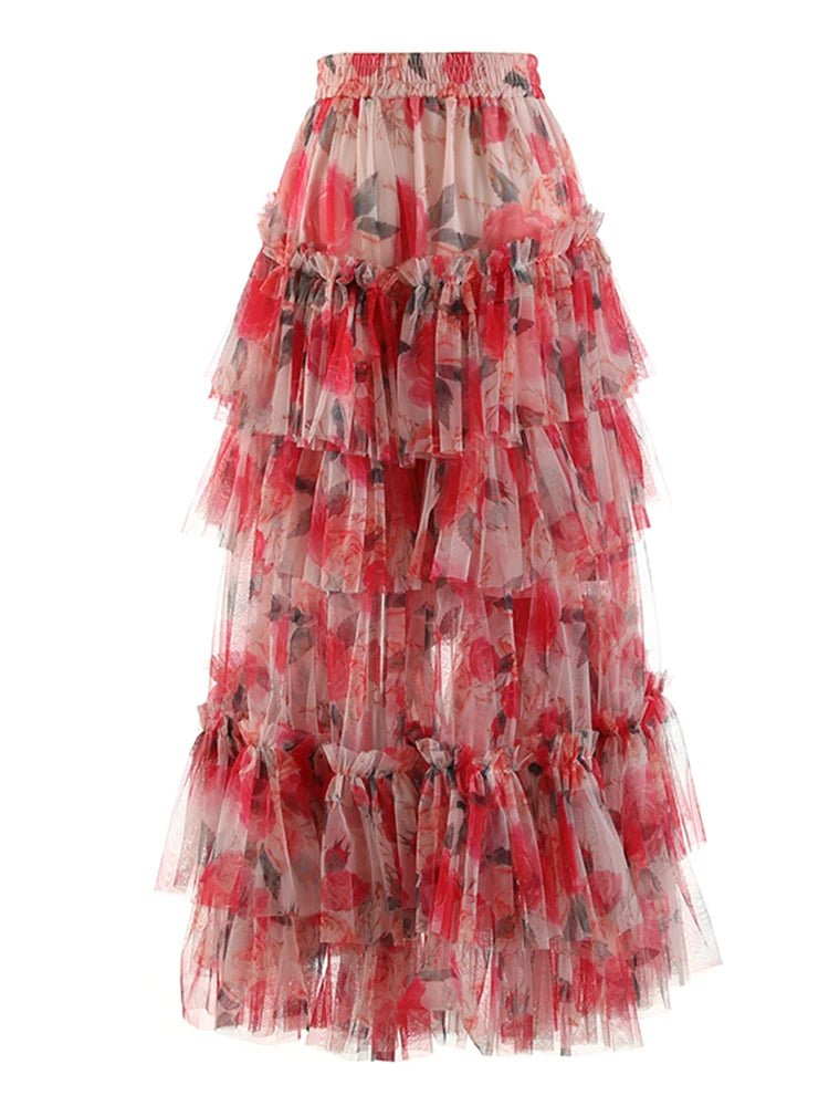 Floral Asymmetrical Ruffled Mesh Skirt - Kelly Obi New York