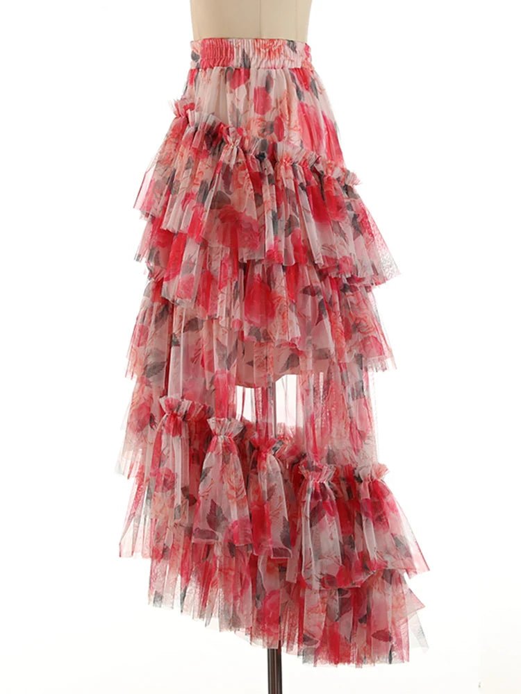 Floral Asymmetrical Ruffled Mesh Skirt - Kelly Obi New York