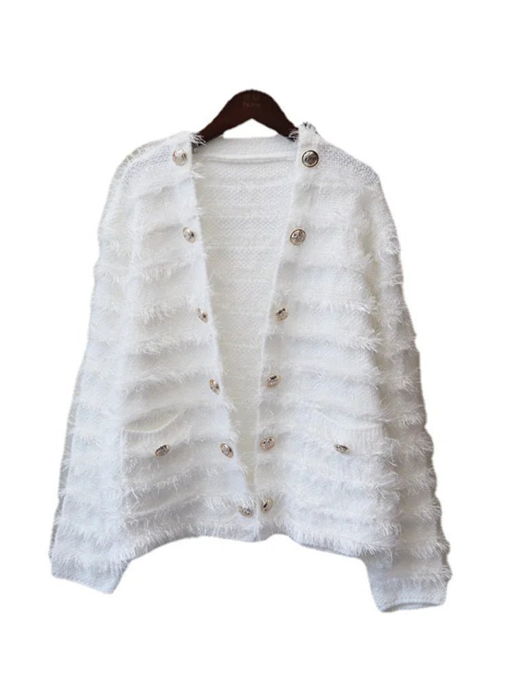 Furry Single Breasted Knit Sweater - Kelly Obi New York