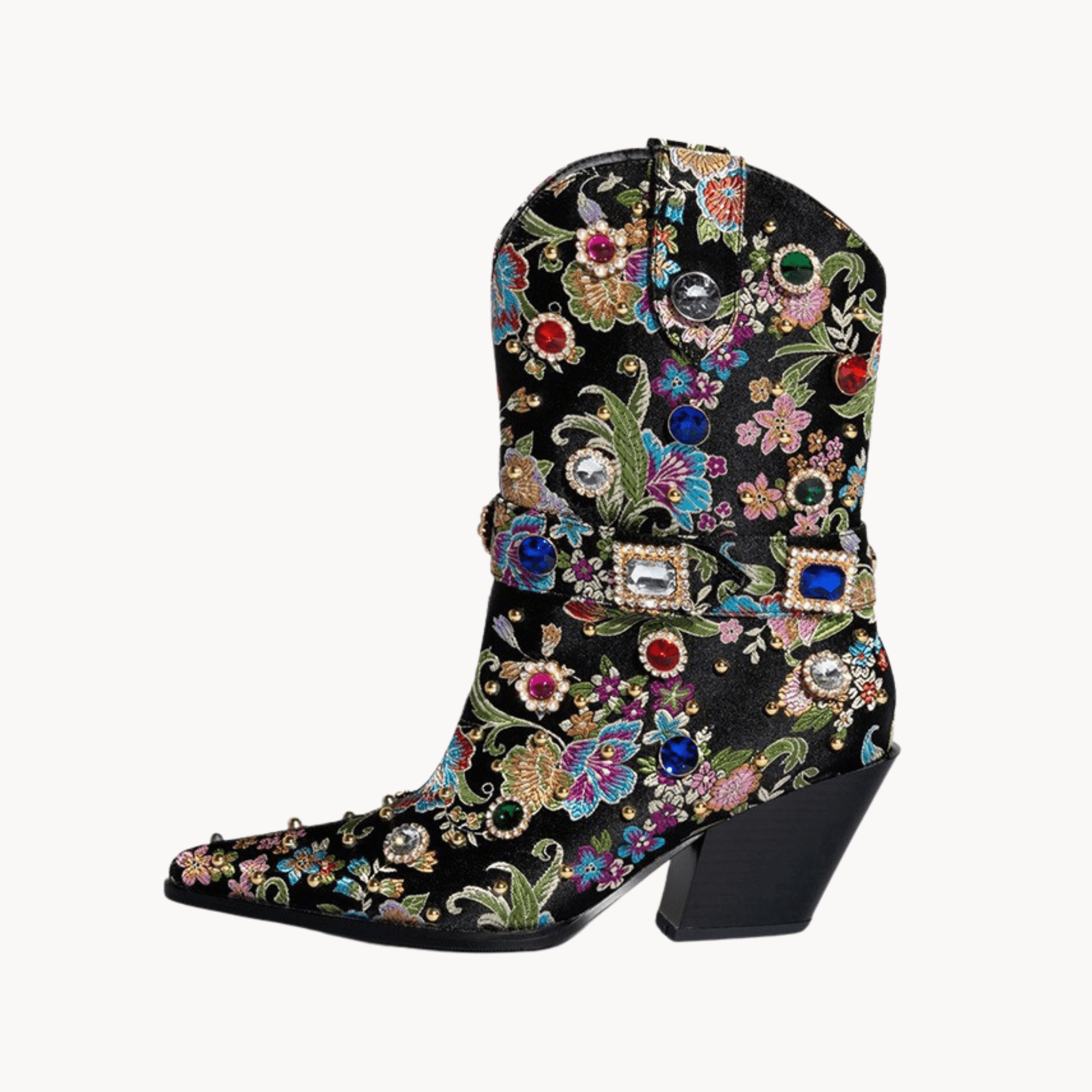 Gemstones Embellished Floral Ankle Boots - Kelly Obi New York
