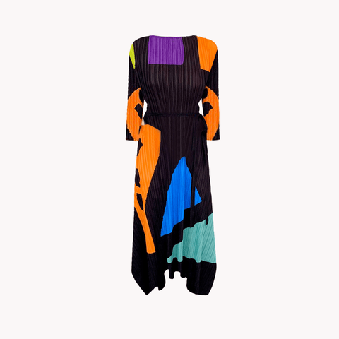 Geometric Printed Pleated Dress - Kelly Obi New York