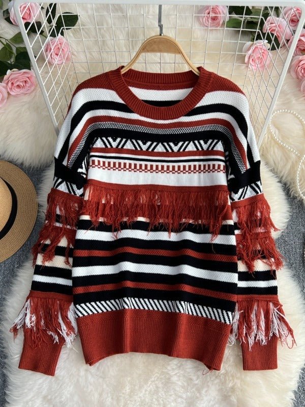 Geometric Striped Tassel Knit Sweater - Kelly Obi New York