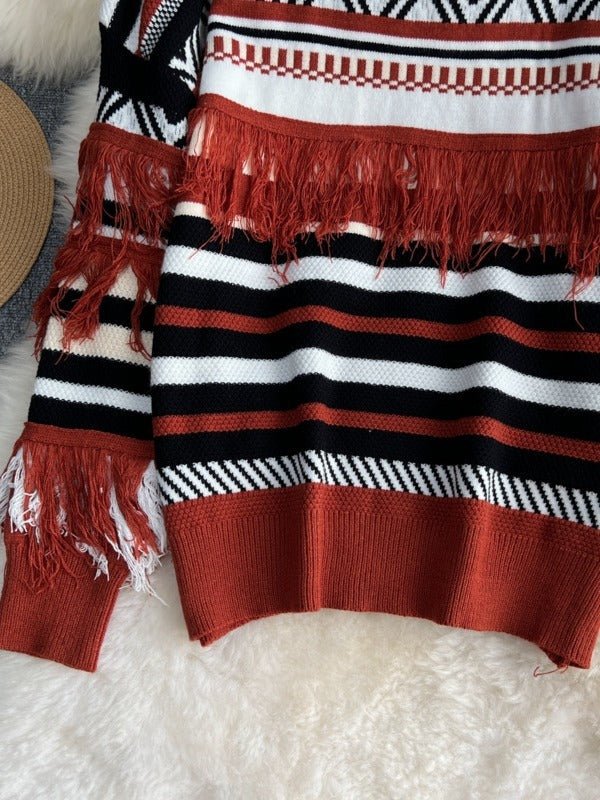 Geometric Striped Tassel Knit Sweater - Kelly Obi New York