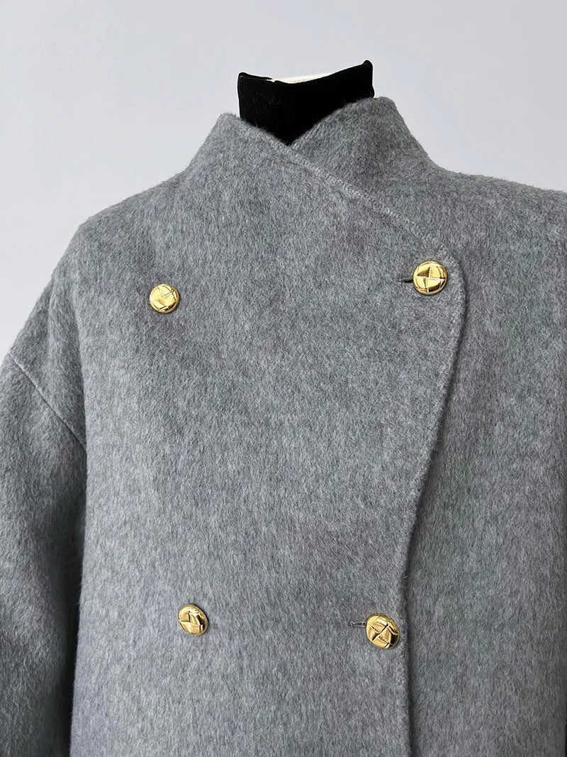 Gold Buttons Double-Breasted Woolen Coat - Kelly Obi New York