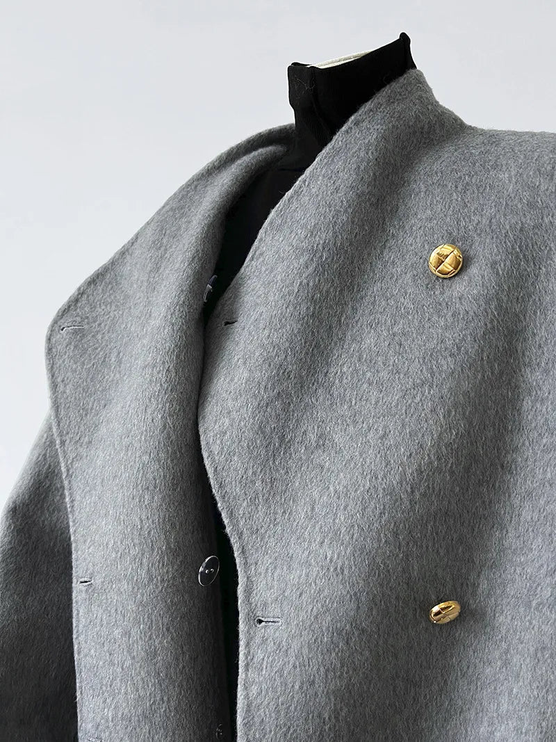 Gold Buttons Double-Breasted Woolen Coat - Kelly Obi New York