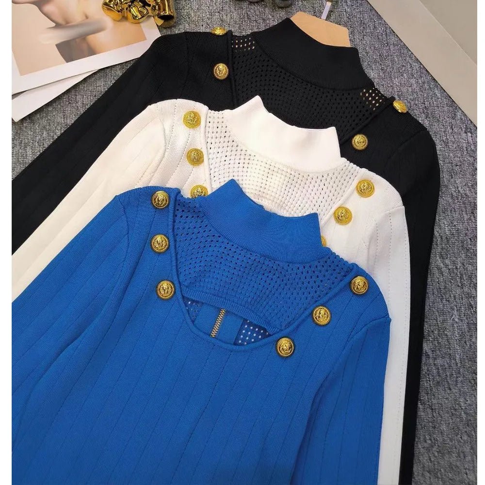 Gold Buttons Peep Knitted Dress - Kelly Obi New York