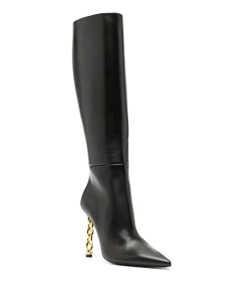 Gold Chain Heels Side Zip Boots - Kelly Obi New York