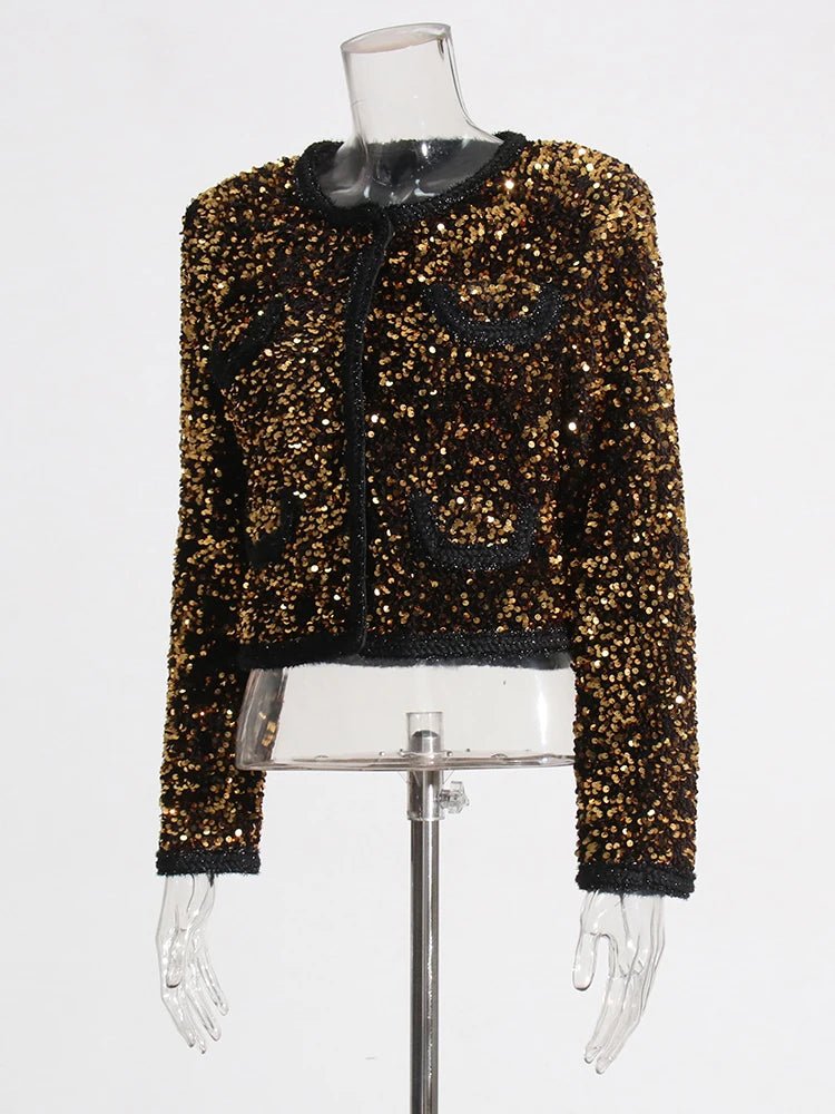 Gold Round Neck Sequined Jacket - Kelly Obi New York