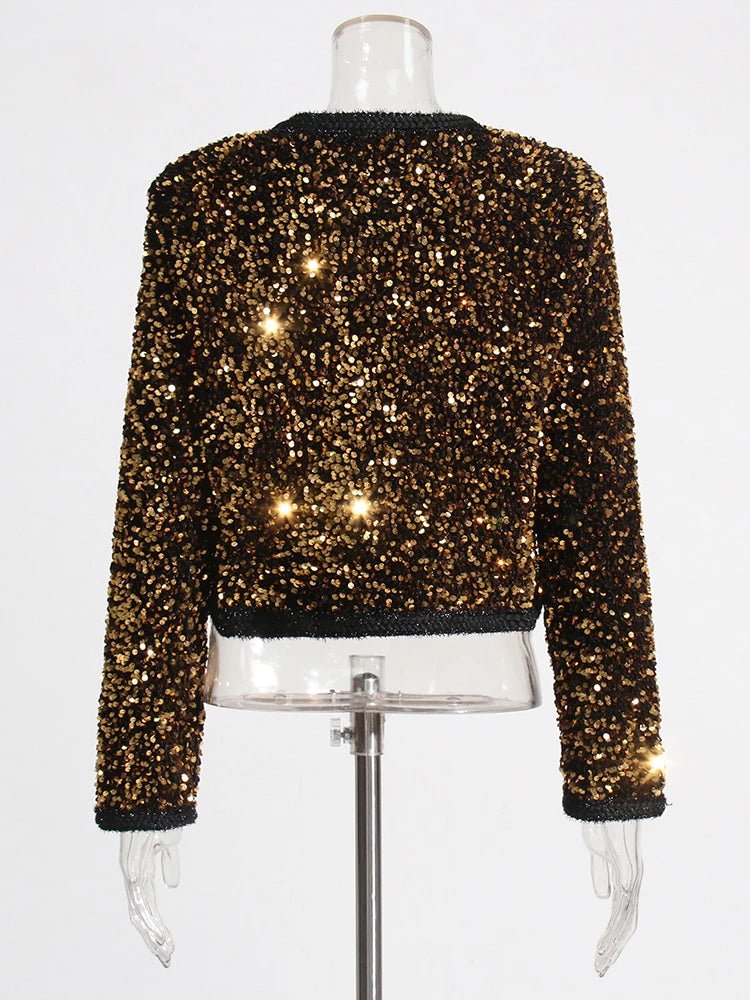 Gold Round Neck Sequined Jacket - Kelly Obi New York