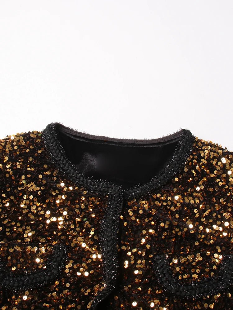 Gold Round Neck Sequined Jacket - Kelly Obi New York