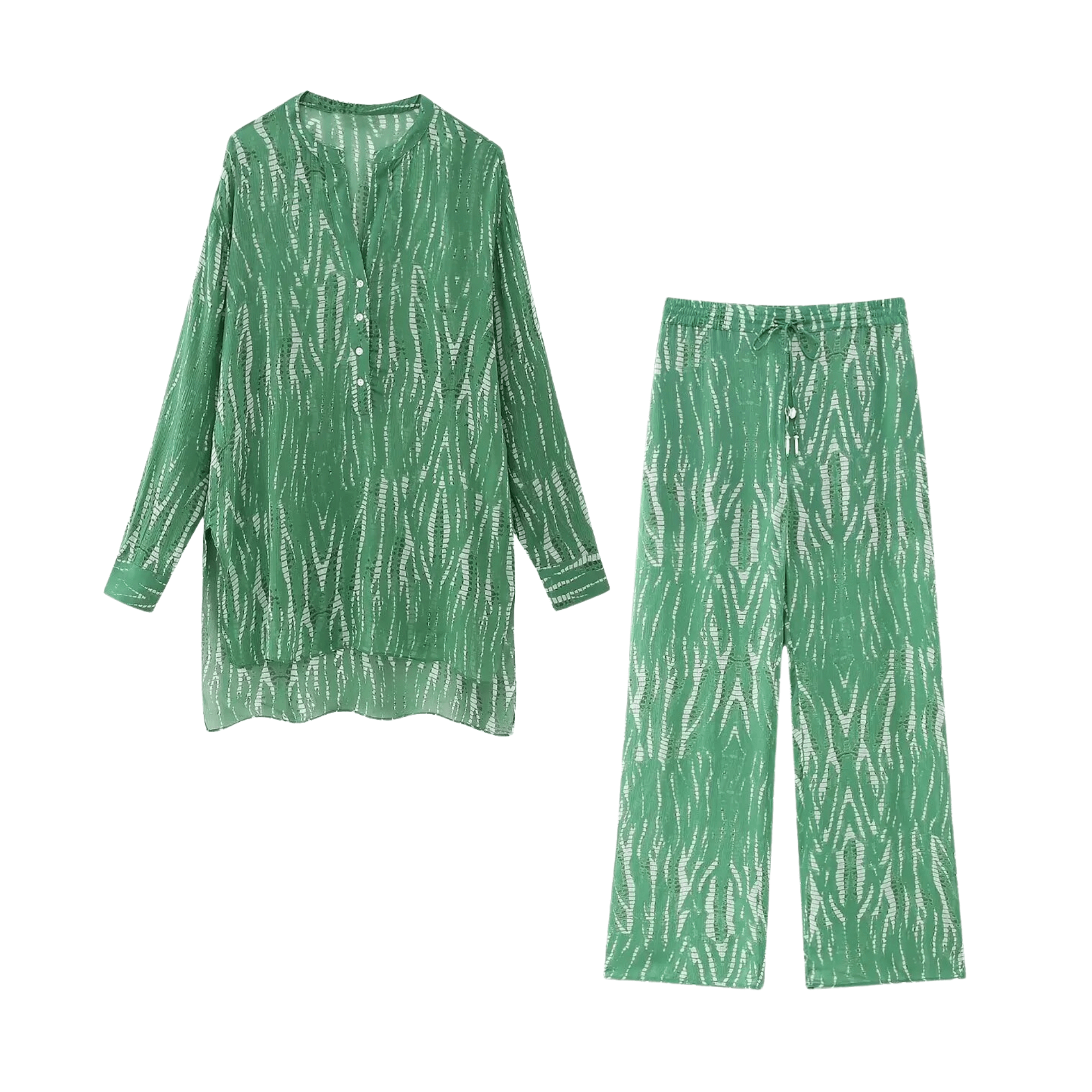 Green Long Sleeves Top Drawstring Pants Set - Kelly Obi New York