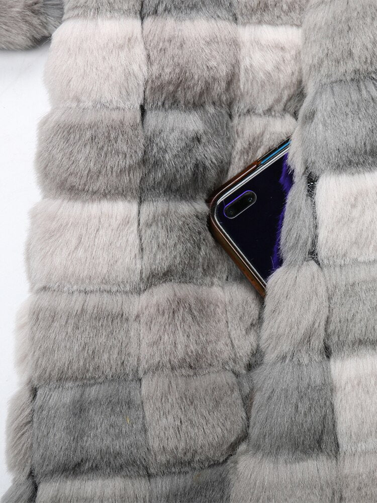 Grey Checkered Faux Fur Coat - Kelly Obi New York