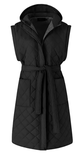 Hooded Tie Waist Long Vest Coat - Kelly Obi New York