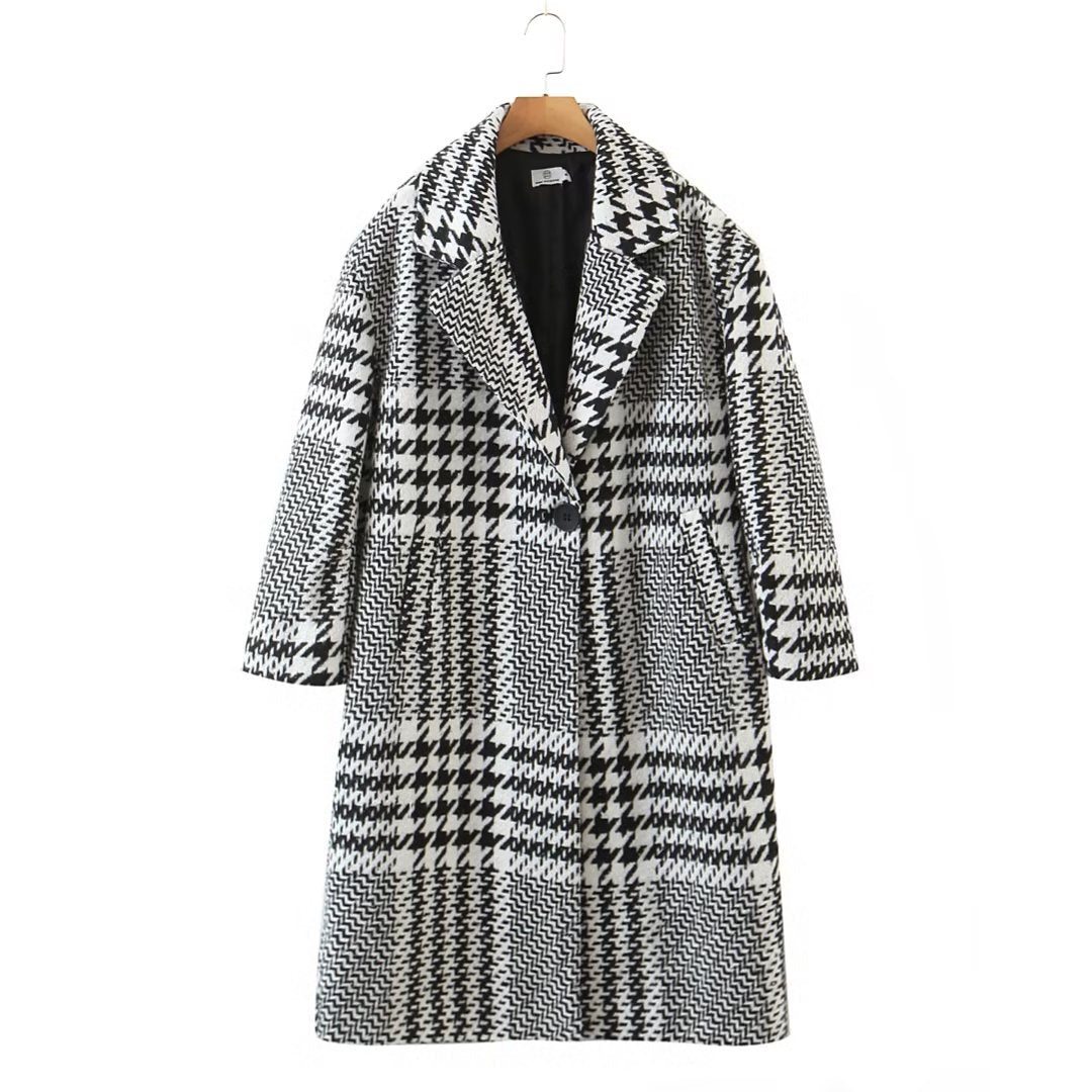 Houndstooth Plaid Mid-Length Coat - Kelly Obi New York