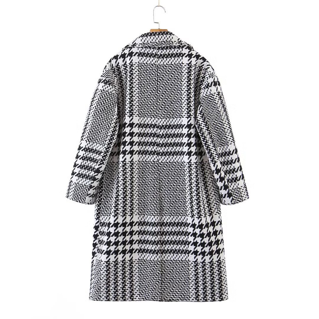 Houndstooth Plaid Mid-Length Coat - Kelly Obi New York