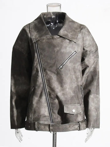 Inclined Zip Vegan Leather Belted Jacket - Kelly Obi New York