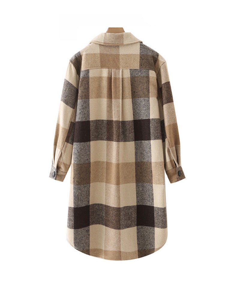 Khaki Plaid Mid-Length Coat - Kelly Obi New York