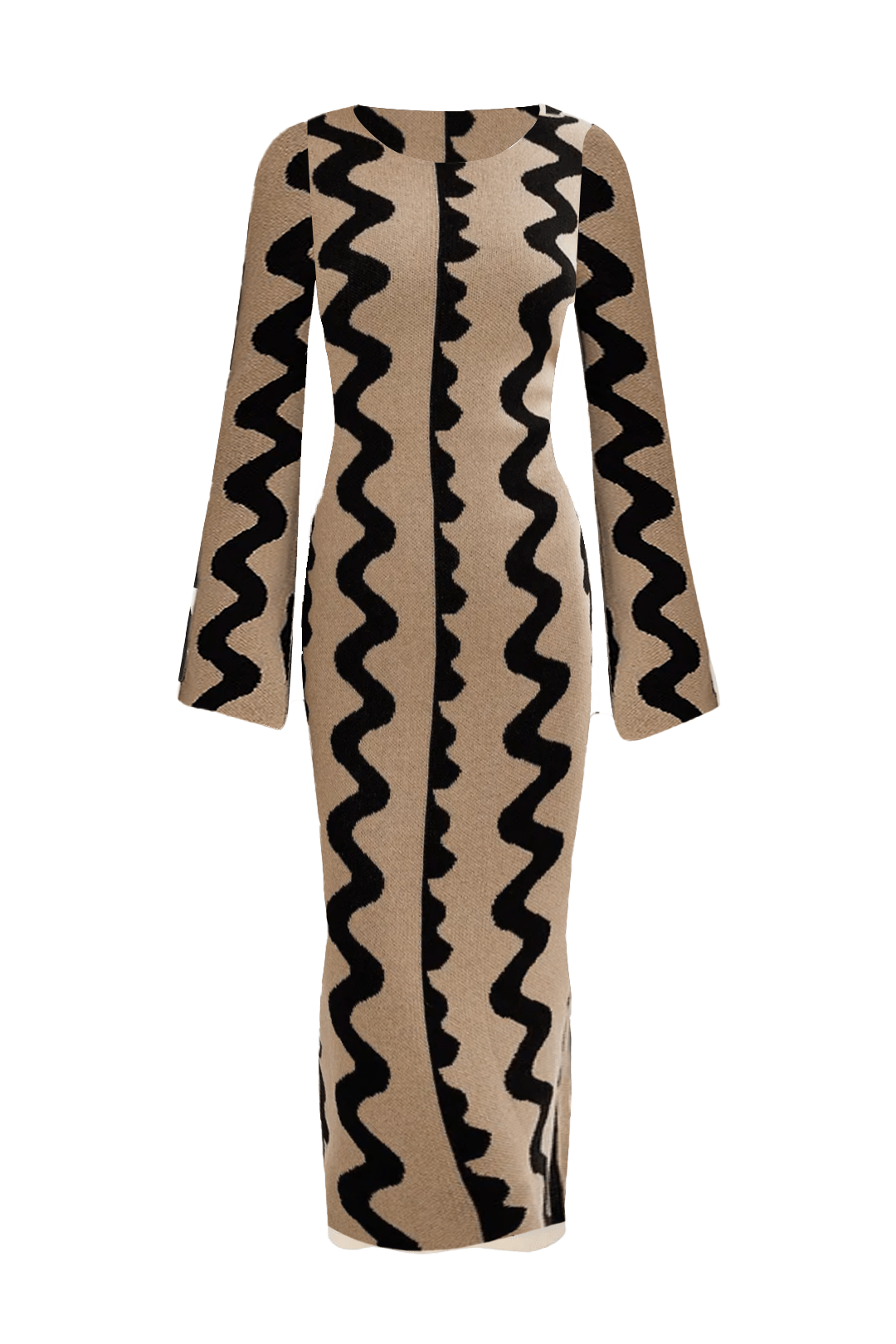 Knitted Wave Print Beige Dress - Kelly Obi New York